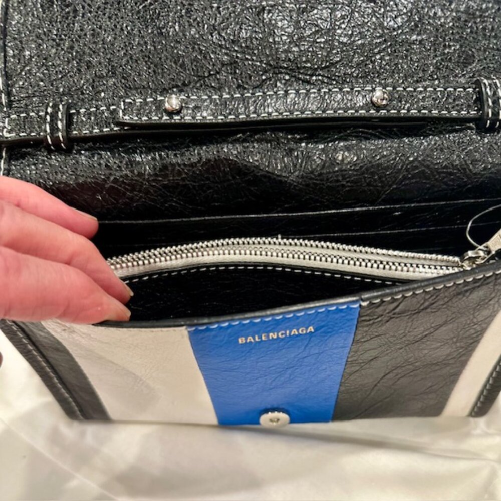 BALENCIAGA BAZAR Stripe Crossbody Shoulder Bag on Chain Blue Black White Leather - Picture 6 of 16